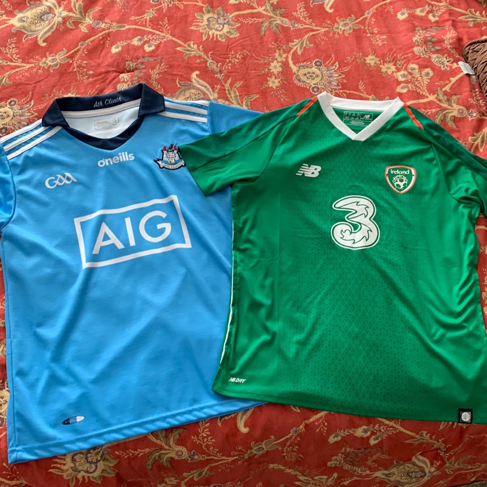 New Balance Dublin Soccer shirt (green YXL) and O’Neills Rugby shirt (blue Y13)